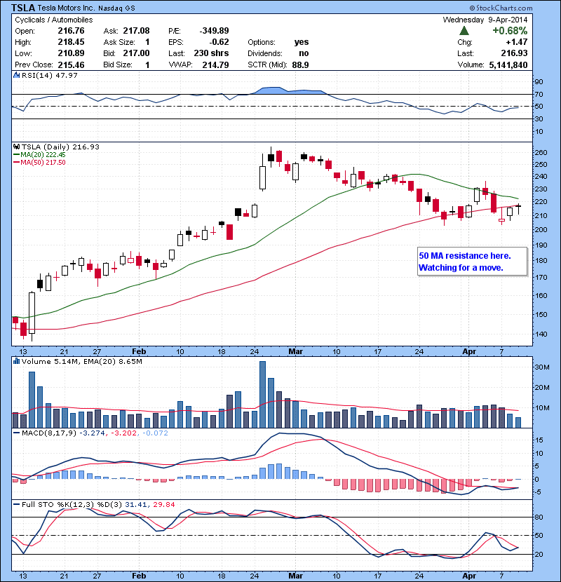 TSLA 50 MA resistance here. Watching for a move.