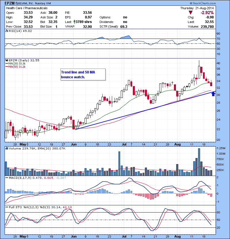 EPZM Trend line and 50 MA bounce watch.
