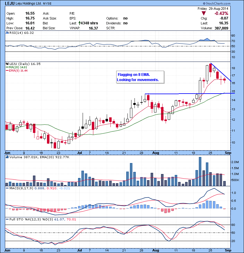 LEJU Flagging on 8 EMA. Looking for movements.