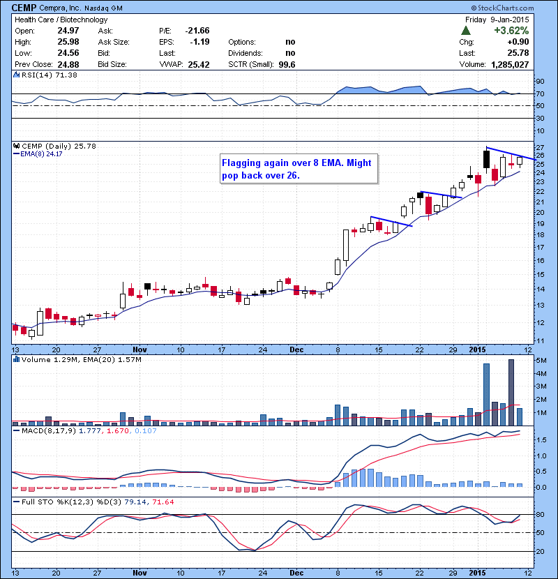 CEMP Flagging again over 8 EMA. Might pop back over 26.