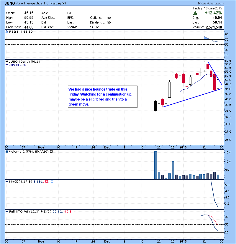 JUNO We had a nice bounce trade on this Friday. Watching for a continuation up, maybe be a slight red and then to a green move.