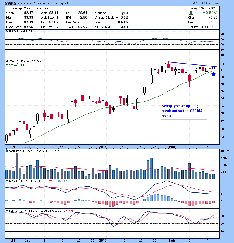 SWKS Swing type setup. Flag break out watch if 20 MA holds.