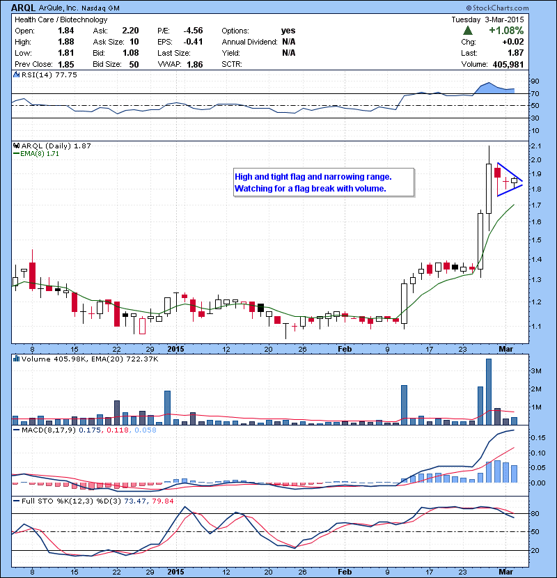 ARQL High and tight flag and narrowing range. Watching for a flag break with volume.