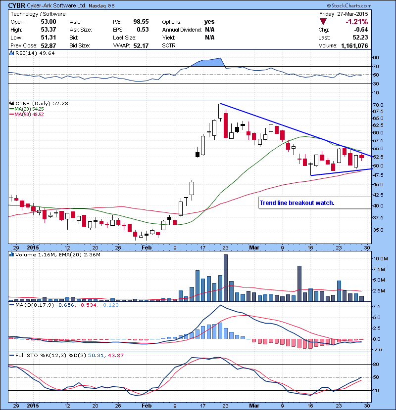 CYBR Trend line breakout watch.