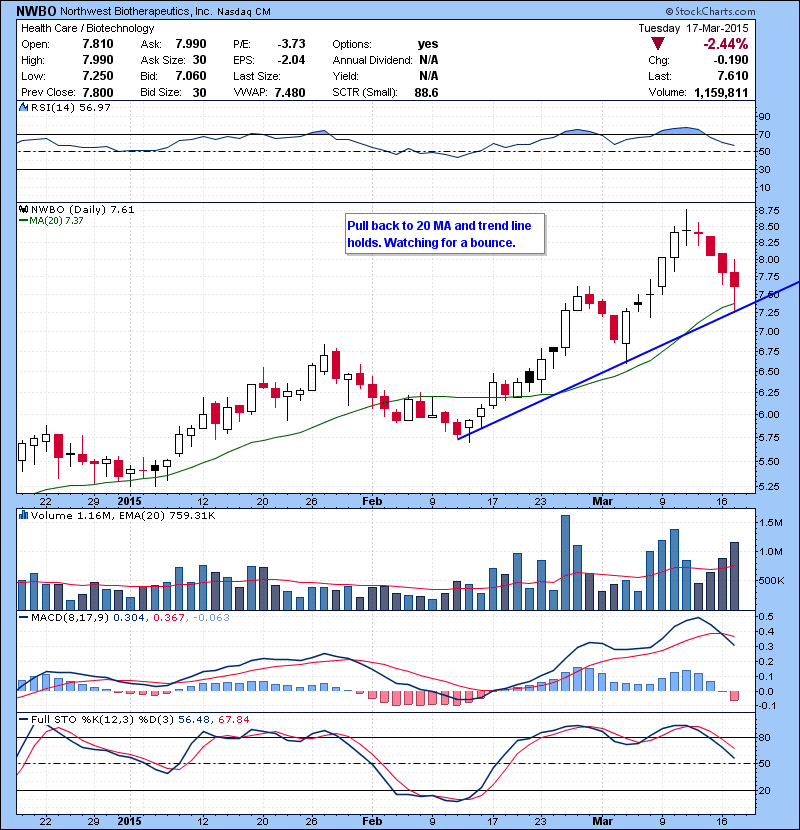 NWBO Pull back to 20 MA and trend line holds. Watching for a bounce.