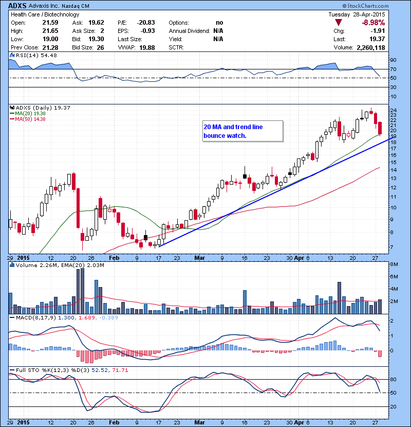 ADXS 20 MA and trend line bounce watch.