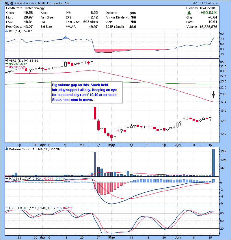 AERI Big volume gap on this. Stock held intraday support all day. Keeping an eye for a second day run if 19.40 area holds. Stock has room to move.