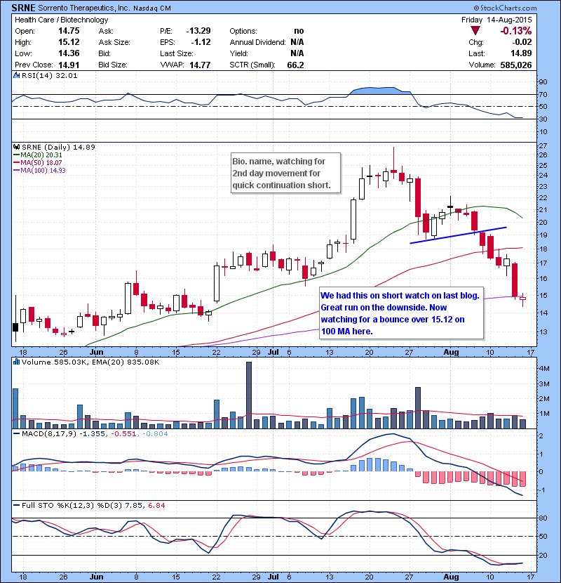 SRNE We had this on short watch on last blog. Great run on the downside. Now watching for a bounce over 15.12 on 100 MA here