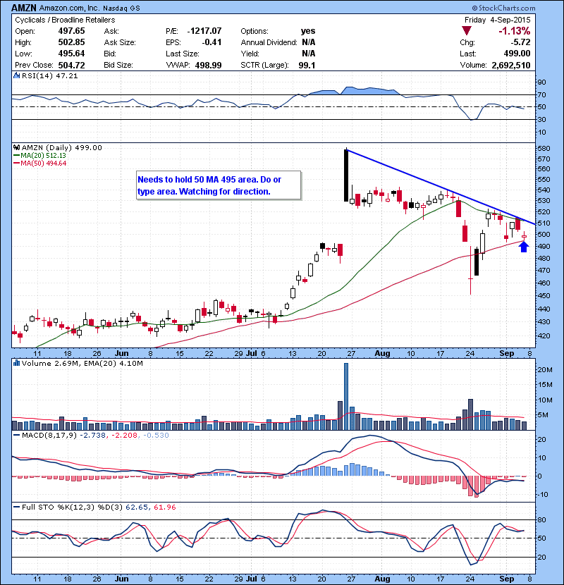 AMZN Needs to hold 50 MA 495 area. Do or die type situation . Watching for direction.