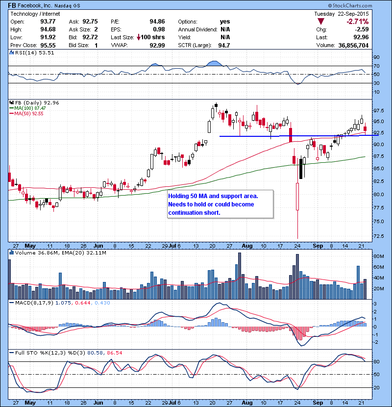 FB Holding 50 MA and support area. Needs to hold or could become continuation short.