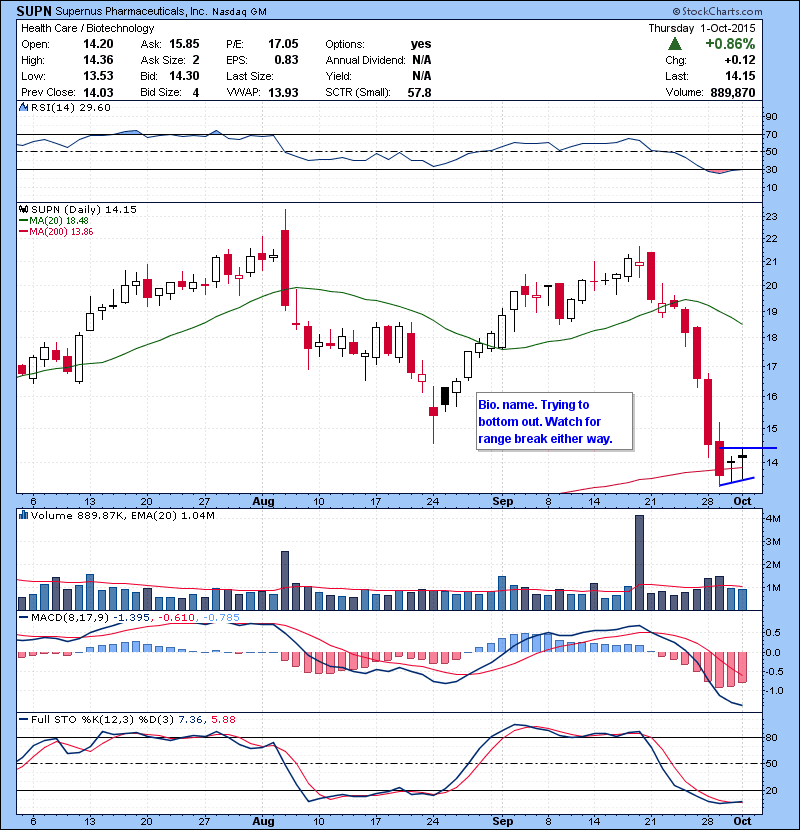 SUPN Bio. name. Trying to bottom out. Watch for range break either way.