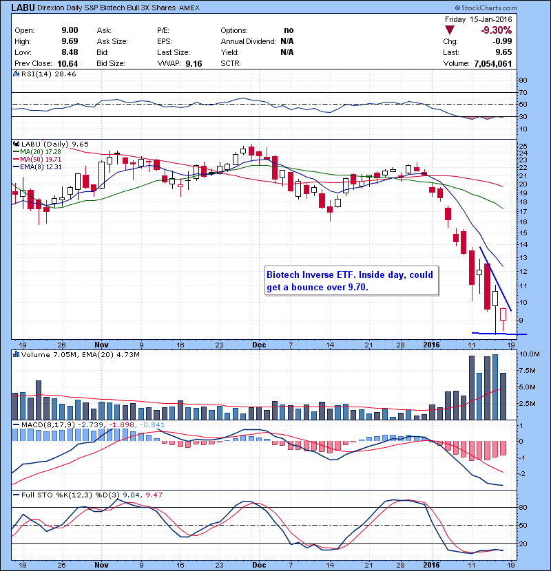 LABU Biotech Inverse ETF. Inside day, could get a bounce over 9.70.