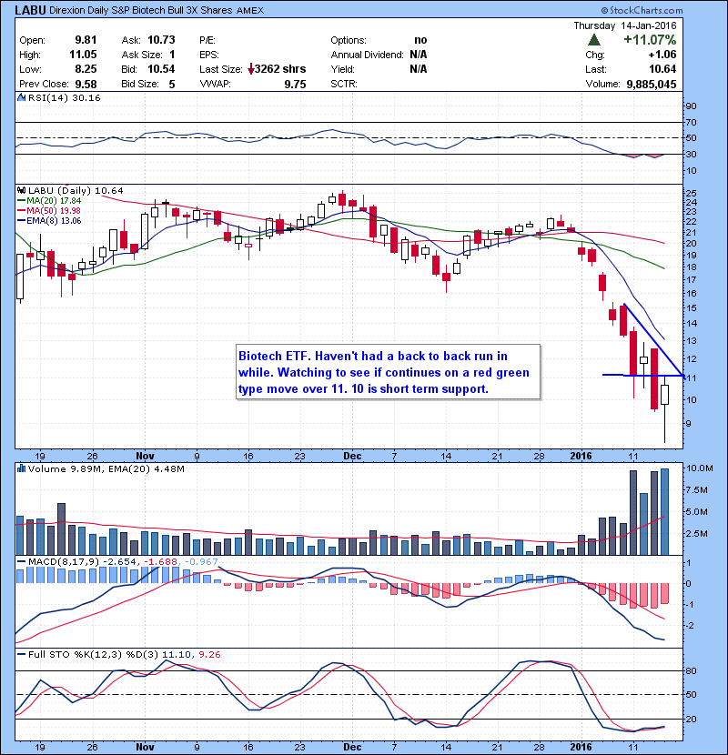LABU Biotech ETF. Haven’t had a back to back run in while. Watching to see if continues on a red green type move over 11. 10 is short term support.