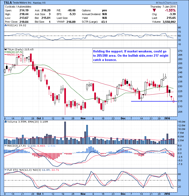 TSLA Holding the support. If market weakens, could go to 205/200 area. On the bullish side,over 217 might catch a bounce. 