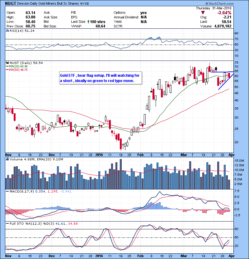 NUGT Gold ETF , bear flag setup. I’ll will watching for a short , ideally on green to red type move.