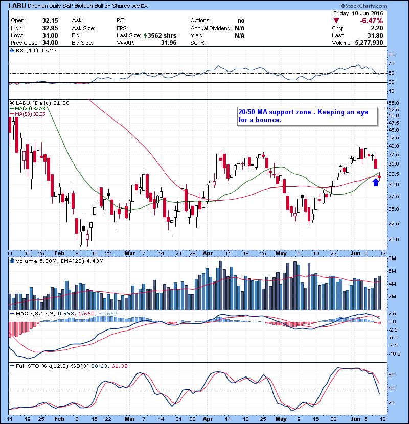 LABU Biotech ETF, 20/50 MA support zone . Keeping an eye for a bounce.