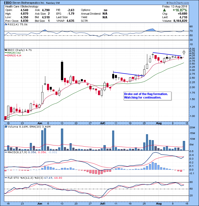 EBIO Broke out of the flag formation. Watching for continuation.