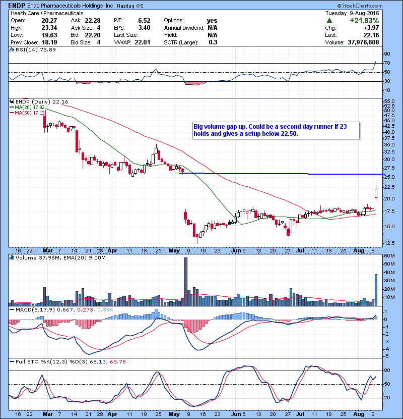 ENDP Big volume gap up. Could be a second day runner if 23 holds and gives a setup below 22.50.