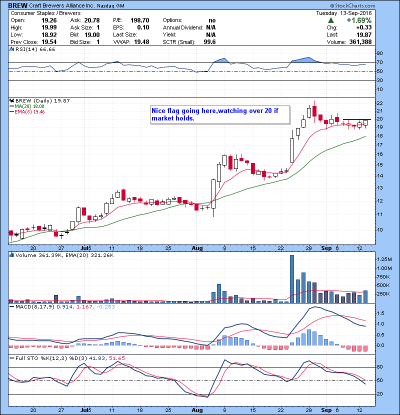 BREW Nice flag going here,watching over 20 if market holds.