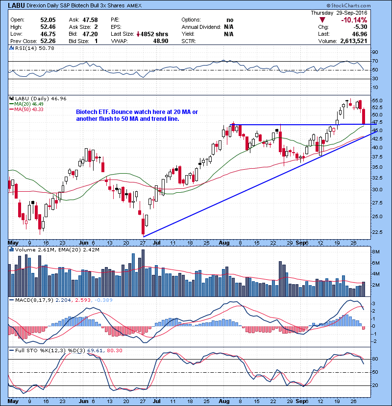 LABU Biotech ETF. Bounce watch here at 20 MA or another flush to 50 MA and trend line.