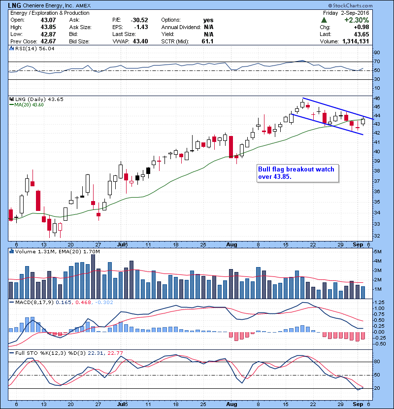LNG Bull flag breakout watch over 43.85.