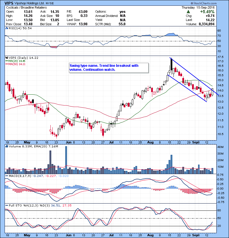 VIPS Swing type name. Trend line breakout with volume. Continuation watch.