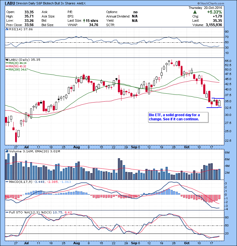 LABU Bio ETF, a solid greed day for a change. See if it can continue.