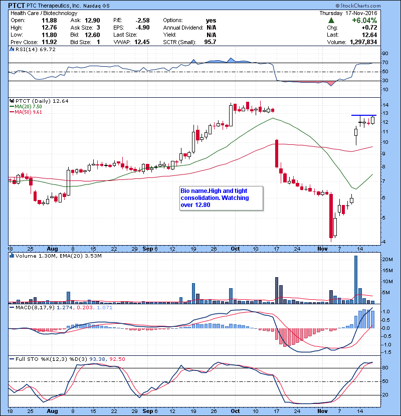 PTCT Bio name.High and tight consolidation. Watching over 12.80.