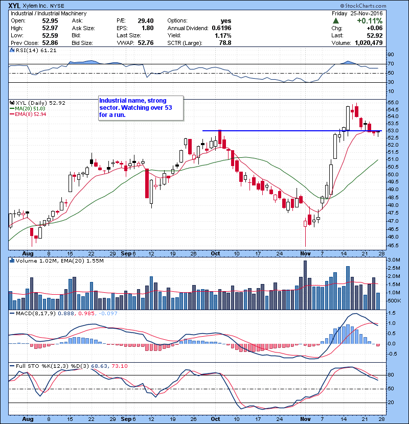 XYL Industrial name, strong sector. Watching over 53 for a run.