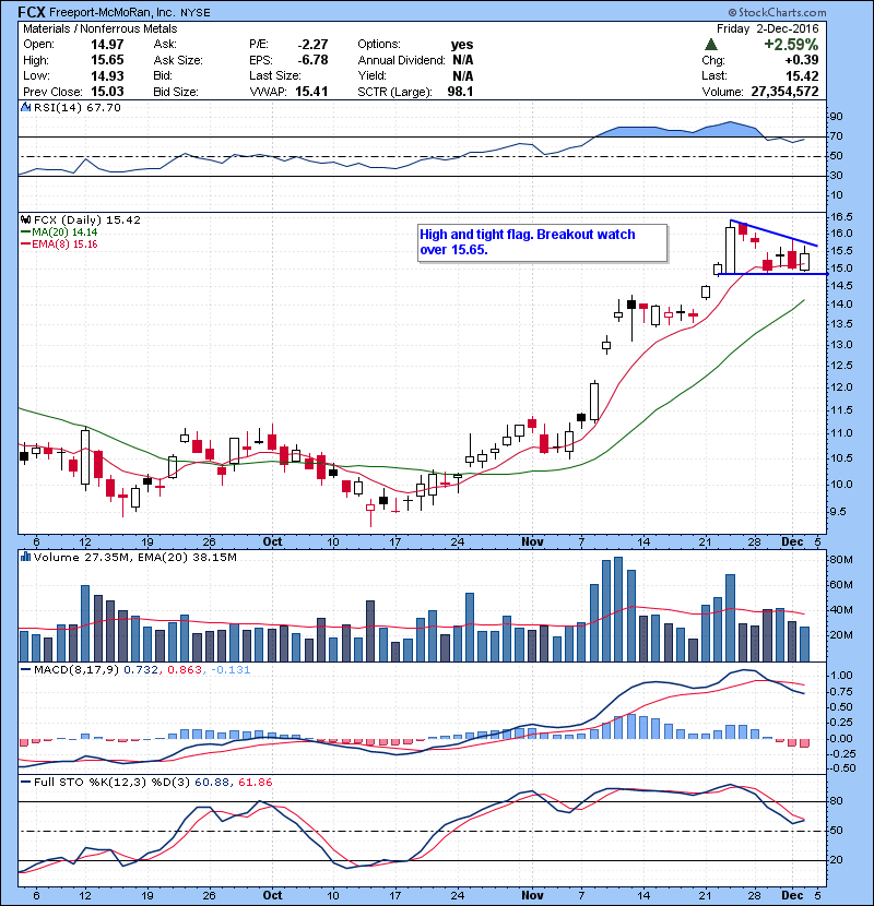 FCX High and tight flag. Breakout watch over 15.65.
