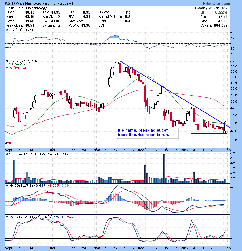 AGIO Bio name, breaking out of trend line.Has room to run.