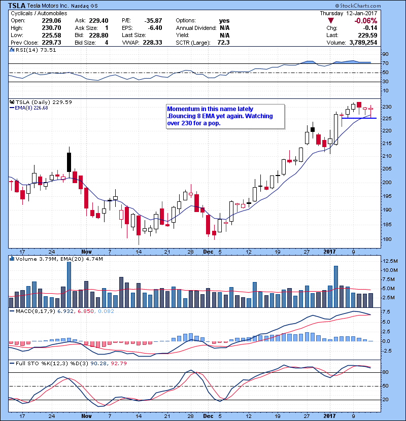 TSLA Momentum in this name lately .Bouncing 8 EMA yet again. Watching over 230 for a pop.
